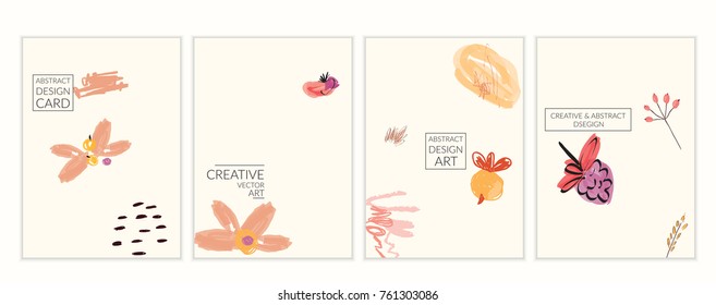 Set of artistic minimal universal card templates with abstract hand drawn doodles. Design for poster, card, invitation. Roughly drawn bright trendy textures. Minimal simple design.Vector isolated
