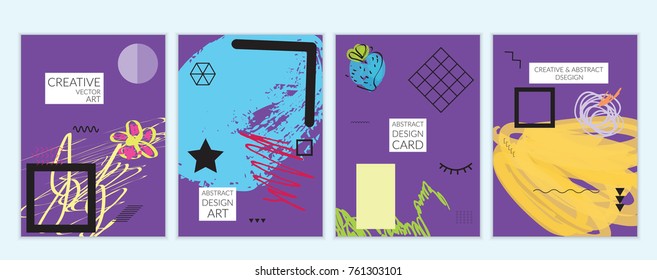 Set of artistic minimal universal card templates in Memphis style with abstract hand drawn doodles. Design for poster, card, invitation. Roughly drawn bright trendy textures. Vector isolated