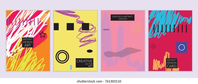 Set of artistic minimal universal card templates in Memphis style with abstract hand drawn doodles. Design for poster, card, invitation. Roughly drawn bright trendy textures. Vector isolated