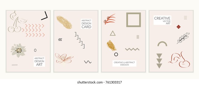 Set of artistic minimal universal card templates in Memphis style with abstract hand drawn doodles. Design for poster, card, invitation. Roughly drawn bright trendy textures. Vector isolated