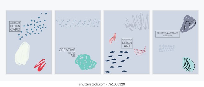 Set of artistic minimal universal card templates in Memphis style with abstract hand drawn doodles. Design for poster, card, invitation. Roughly drawn bright trendy textures. Vector isolated