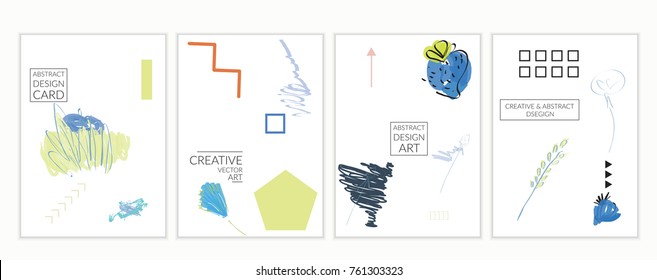 Set of artistic minimal universal card templates in Memphis style with abstract hand drawn doodles. Design for poster, card, invitation. Roughly drawn bright trendy textures. Vector isolated