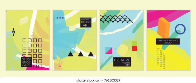 Set of artistic minimal universal card templates in Memphis style with abstract hand drawn doodles. Design for poster, card, invitation. Roughly drawn bright trendy textures. Vector isolated