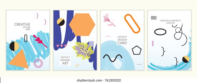 Set of artistic minimal universal card templates in Memphis style with abstract hand drawn doodles. Design for poster, card, invitation. Roughly drawn bright trendy textures. Vector isolated