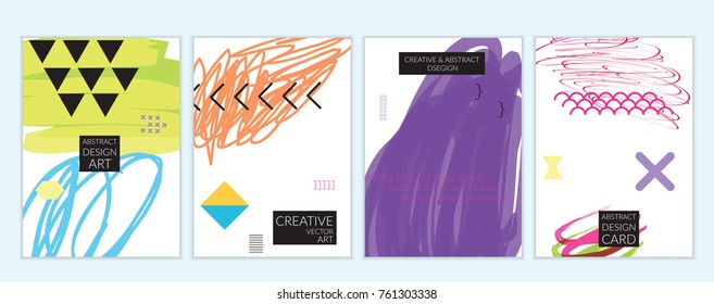 Set of artistic minimal universal card templates in Memphis style with abstract hand drawn doodles. Design for poster, card, invitation. Roughly drawn bright trendy textures. Vector isolated