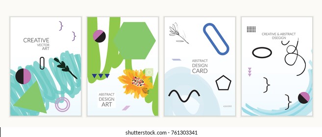 Set of artistic minimal universal card templates in Memphis style with abstract hand drawn doodles. Design for poster, card, invitation. Roughly drawn bright trendy textures. Vector isolated