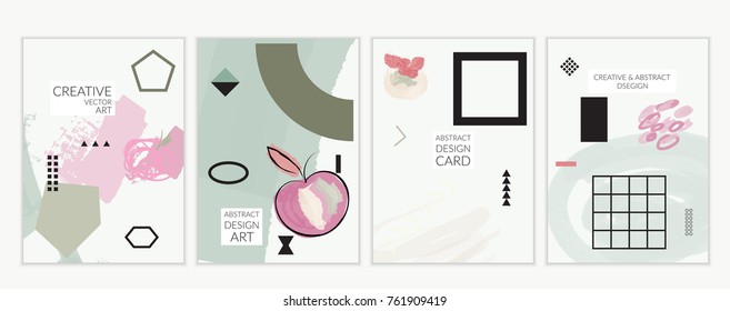 Set of artistic minimal universal card templates in Memphis style with abstract hand drawn doodles. Design for poster, card, invitation. Roughly drawn bright trendy textures. Vector isolated