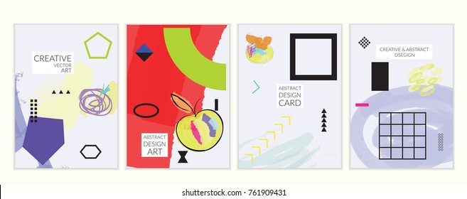 Set of artistic minimal universal card templates in Memphis style with abstract hand drawn doodles. Design for poster, card, invitation. Roughly drawn bright trendy textures. Vector isolated