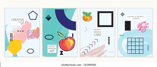 Set of artistic minimal universal card templates in Memphis style with abstract hand drawn doodles. Design for poster, card, invitation. Roughly drawn bright trendy textures. Vector isolated