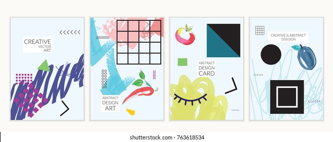 Set of artistic minimal universal card templates in Memphis style with abstract hand drawn doodles. Design for poster, card, invitation. Roughly drawn bright trendy textures. Vector isolated