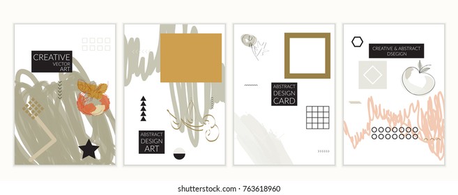 Set of artistic minimal universal card templates in Memphis style with abstract hand drawn doodles. Design for poster, card, invitation. Roughly drawn bright trendy textures. Vector isolated