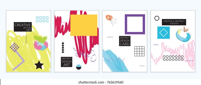 Set of artistic minimal universal card templates in Memphis style with abstract hand drawn doodles. Design for poster, card, invitation. Roughly drawn bright trendy textures. Vector isolated