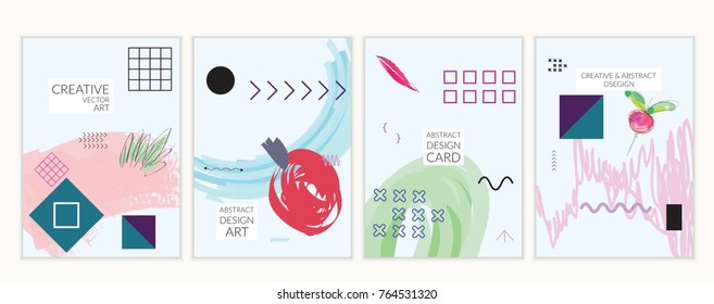 Set of artistic minimal universal card templates in Memphis style with abstract hand drawn doodles. Design for poster, card, invitation. Roughly drawn bright trendy textures. Vector isolated