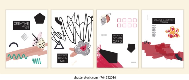 Set of artistic minimal universal card templates in Memphis style with abstract hand drawn doodles on white. Design for poster, card, invitation. Roughly drawn bright trendy textures. Vector isolated