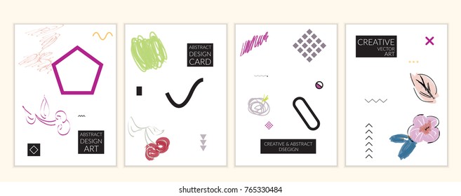 Set of artistic minimal universal card templates in Memphis style with abstract hand drawn doodles. Design for poster, card, invitation. Roughly drawn bright trendy textures. Vector isolated