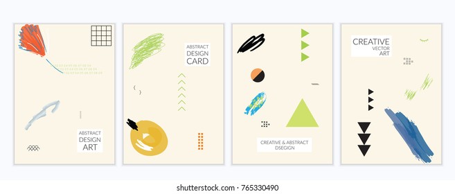 Set of artistic minimal universal card templates in Memphis style with abstract hand drawn doodles. Design for poster, card, invitation. Roughly drawn bright trendy textures. Vector isolated