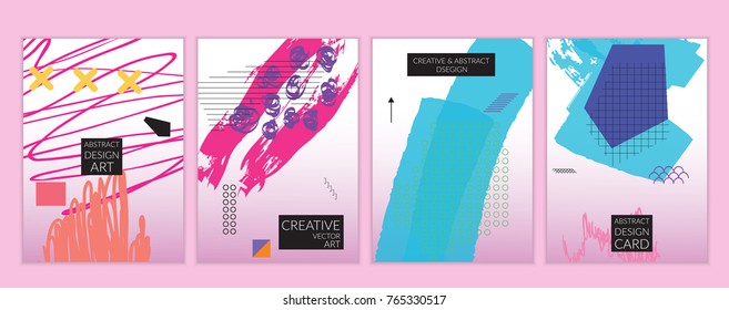 Set of artistic minimal universal card templates in Memphis style with abstract hand drawn doodles. Design for poster, card, invitation. Roughly drawn bright trendy textures. Vector isolated