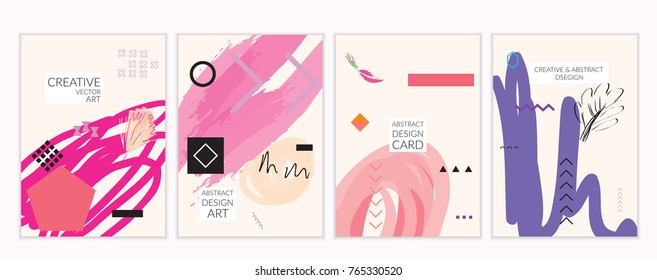 Set of artistic minimal universal card templates in Memphis style with abstract hand drawn doodles. Design for poster, card, invitation. Roughly drawn bright trendy textures. Vector isolated
