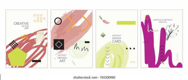 Set of artistic minimal universal card templates in Memphis style with abstract hand drawn doodles. Design for poster, card, invitation. Roughly drawn bright trendy textures. Vector isolated
