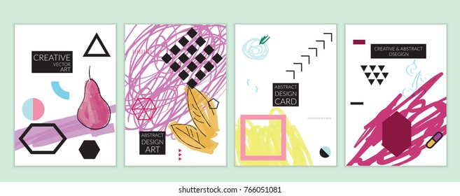 Set of artistic minimal universal card templates in Memphis style with abstract hand drawn doodles. Design for poster, card, invitation. Roughly drawn bright trendy textures. Vector isolated