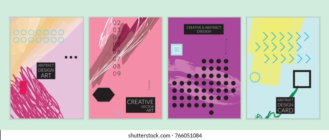 Set of artistic minimal universal card templates in Memphis style with abstract hand drawn doodles. Design for poster, card, invitation. Roughly drawn bright trendy textures. Vector isolated