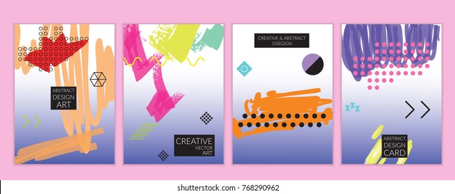 Set of artistic minimal universal card templates in Memphis style with abstract hand drawn doodles. Design for poster, card, invitation. Roughly drawn bright trendy textures. Vector isolated