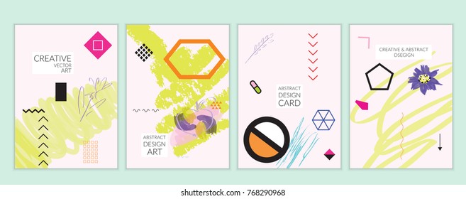 Set of artistic minimal universal card templates in Memphis style with abstract hand drawn doodles. Design for poster, card, invitation. Roughly drawn bright trendy textures. Vector isolated