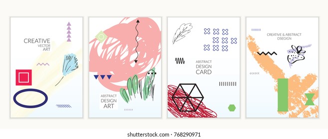 Set of artistic minimal universal card templates in Memphis style with abstract hand drawn doodles. Design for poster, card, invitation. Roughly drawn bright trendy textures. Vector isolated