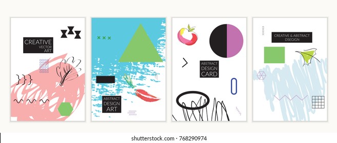 Set of artistic minimal universal card templates in Memphis style with abstract hand drawn doodles. Design for poster, card, invitation. Roughly drawn bright trendy textures. Vector isolated