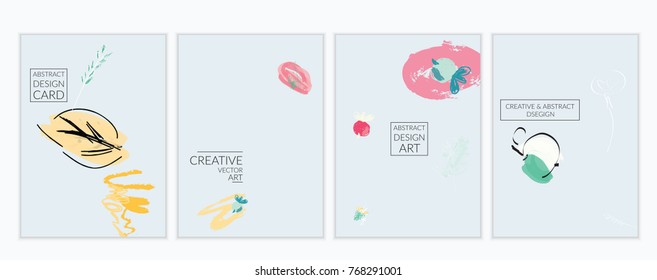 Set of artistic minimal universal card templates with abstract hand drawn doodles. Design for poster, card, invitation. Roughly drawn bright trendy textures. Minimal simple design.Vector isolated