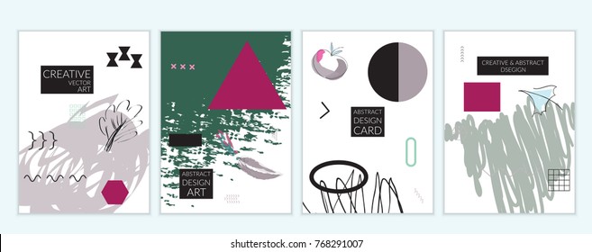 Set of artistic minimal universal card templates in Memphis style with abstract hand drawn doodles. Design for poster, card, invitation. Roughly drawn bright trendy textures. Vector isolated