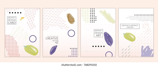 Set of artistic minimal universal card templates in Memphis style with abstract hand drawn doodles. Design for poster, card, invitation. Roughly drawn bright trendy textures. Vector isolated