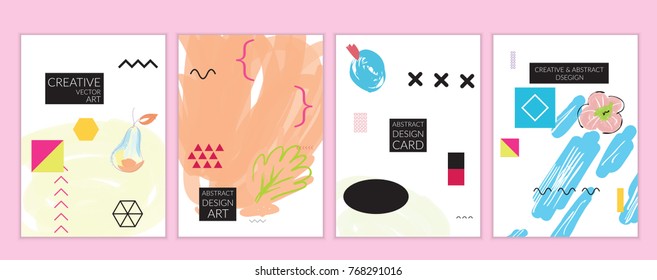 Set of artistic minimal universal card templates in Memphis style with abstract hand drawn doodles. Design for poster, card, invitation. Roughly drawn bright trendy textures. Vector isolated