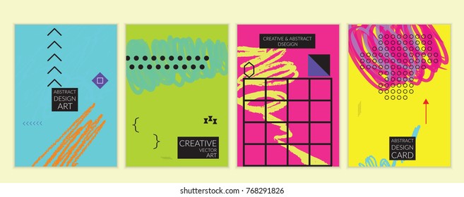 Set of artistic minimal universal card templates in Memphis style with abstract hand drawn doodles. Design for poster, card, invitation. Roughly drawn bright trendy textures. Vector isolated