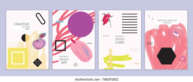 Set of artistic minimal universal card templates in Memphis style with abstract hand drawn doodles. Design for poster, card, invitation. Roughly drawn bright trendy textures. Vector isolated