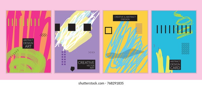 Set of artistic minimal universal card templates in Memphis style with abstract hand drawn doodles. Design for poster, card, invitation. Roughly drawn bright trendy textures. Vector isolated