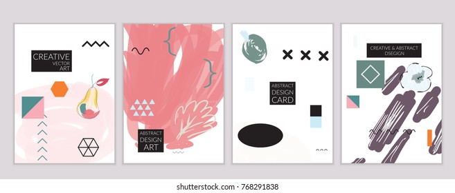 Set of artistic minimal universal card templates in Memphis style with abstract hand drawn doodles. Design for poster, card, invitation. Roughly drawn bright trendy textures. Vector isolated