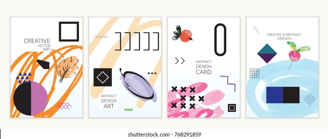 Set of artistic minimal universal card templates in Memphis style with abstract hand drawn doodles. Design for poster, card, invitation. Roughly drawn bright trendy textures. Vector isolated