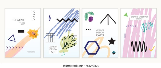Set of artistic minimal universal card templates in Memphis style with abstract hand drawn doodles. Design for poster, card, invitation. Roughly drawn bright trendy textures. Vector isolated