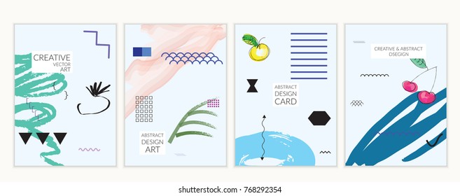 Set of artistic minimal universal card templates in Memphis style with abstract hand drawn doodles. Design for poster, card, invitation. Roughly drawn bright trendy textures. Vector isolated