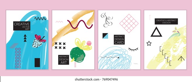 Set of artistic minimal universal card templates in Memphis style with abstract hand drawn doodles. Design for poster, card, invitation. Roughly drawn bright trendy textures. Vector isolated