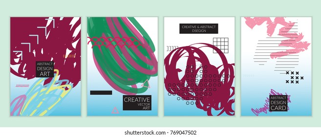 Set of artistic minimal universal card templates in Memphis style with abstract hand drawn doodles. Design for poster, card, invitation. Roughly drawn bright trendy textures. Vector isolated