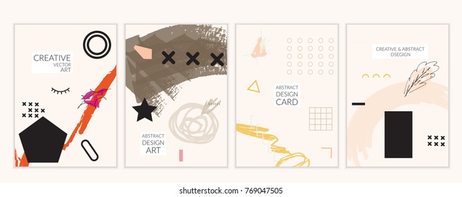 Set of artistic minimal universal card templates in Memphis style with abstract hand drawn doodles. Design for poster, card, invitation. Roughly drawn bright trendy textures. Vector isolated