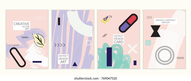 Set of artistic minimal universal card templates in Memphis style with abstract hand drawn doodles. Design for poster, card, invitation. Roughly drawn bright trendy textures. Vector isolated