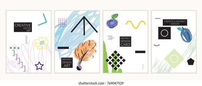 Set of artistic minimal universal card templates in Memphis style with abstract hand drawn doodles. Design for poster, card, invitation. Roughly drawn bright trendy textures. Vector isolated