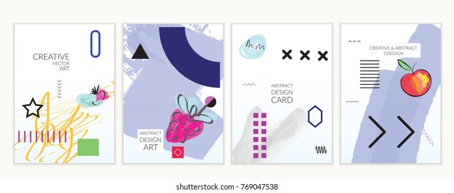 Set of artistic minimal universal card templates in Memphis style with abstract hand drawn doodles. Design for poster, card, invitation. Roughly drawn bright trendy textures. Vector isolated
