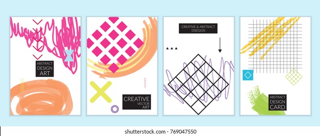 Set of artistic minimal universal card templates in Memphis style with abstract hand drawn doodles. Design for poster, card, invitation. Roughly drawn bright trendy textures. Vector isolated