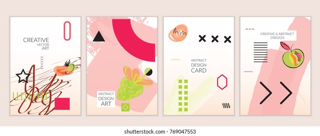Set of artistic minimal universal card templates in Memphis style with abstract hand drawn doodles. Design for poster, card, invitation. Roughly drawn bright trendy textures. Vector isolated
