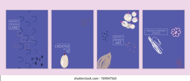 Set of artistic minimal universal card templates with abstract hand drawn doodles. Design for poster, card, invitation. Roughly drawn bright trendy textures. Minimal simple design.Vector isolated