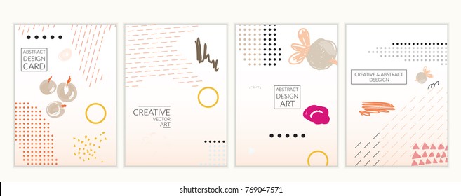 Set of artistic minimal universal card templates in Memphis style with abstract hand drawn doodles. Design for poster, card, invitation. Roughly drawn bright trendy textures. Vector isolated